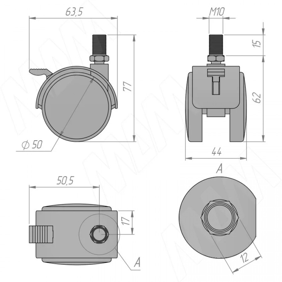 Опора двухколесная с винтом m10, d50 мм, со стопором (w00b)