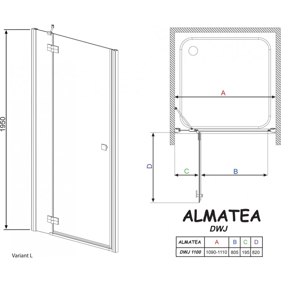Душевая дверь в нишу Radaway Almatea DWJ 110 прозрачное стекло L. Фото 4