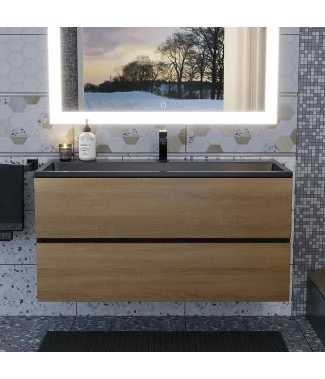 Тумба с раковиной Uperwood Barsa 100, подвесная, черная, дуб сонома, раковина черная