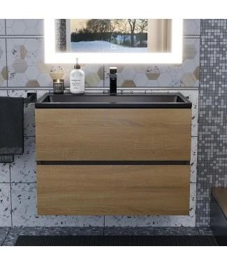 Тумба с раковиной Uperwood Barsa 70, подвесная, черная, дуб сонома, раковина черная