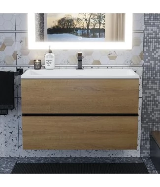 Тумба с раковиной Uperwood Barsa 80, подвесная, раковина белая, черная, дуб сонома