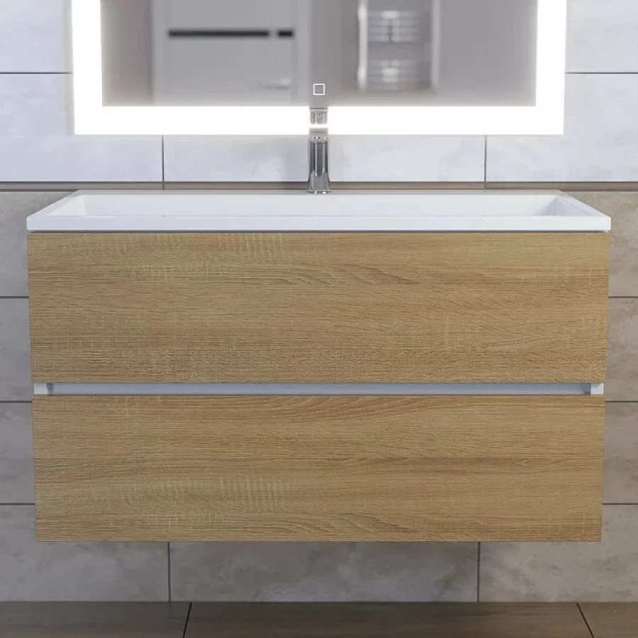 Тумба с раковиной Uperwood Barsa 90, подвесная, белая, дуб сонома