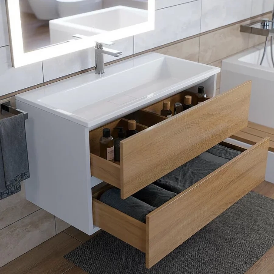 Тумба с раковиной Uperwood Barsa 90, подвесная, белая, дуб сонома. Фото 1