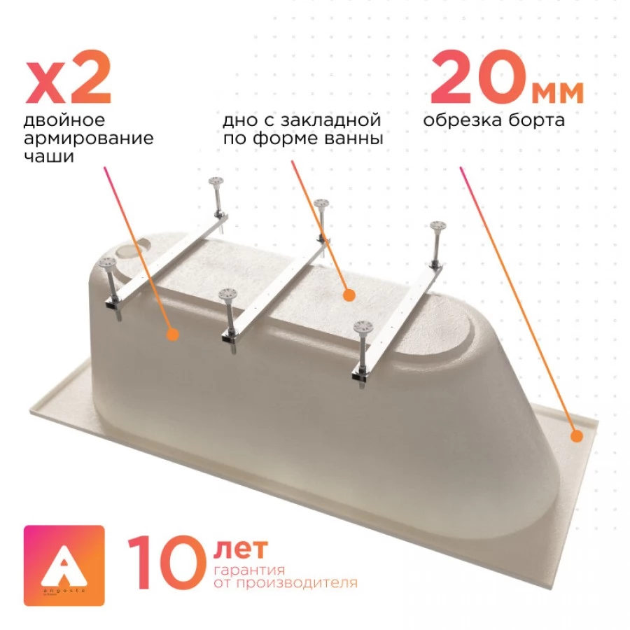 Акриловая ванна Radomir Вальс Ангосто 170х70 см, встраиваемая, на ножках. Фото 2
