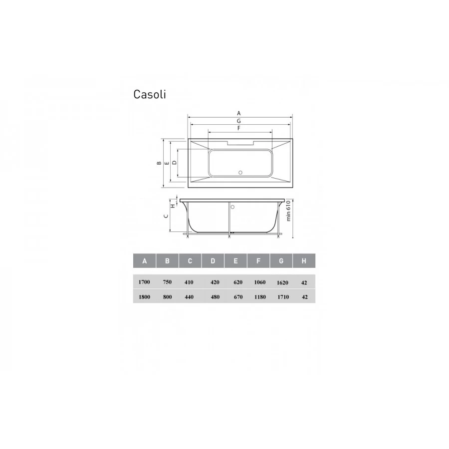 Акриловая ванна Vayer Casoli Гл000006806 170x75 прямоугольная. Фото 4