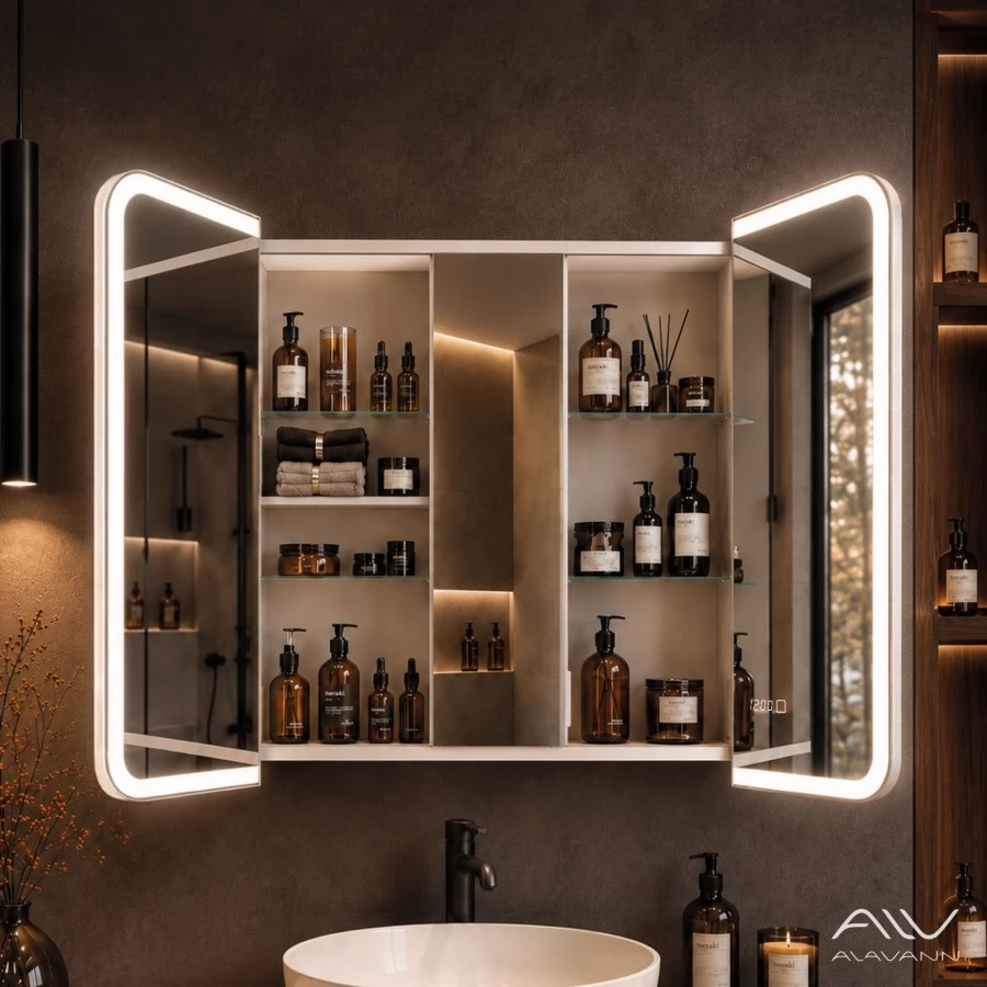 Зеркальный шкаф-трюмо Alavann Cosmetic Light (Косметик Лайт) 80 с подсветкой и часами
