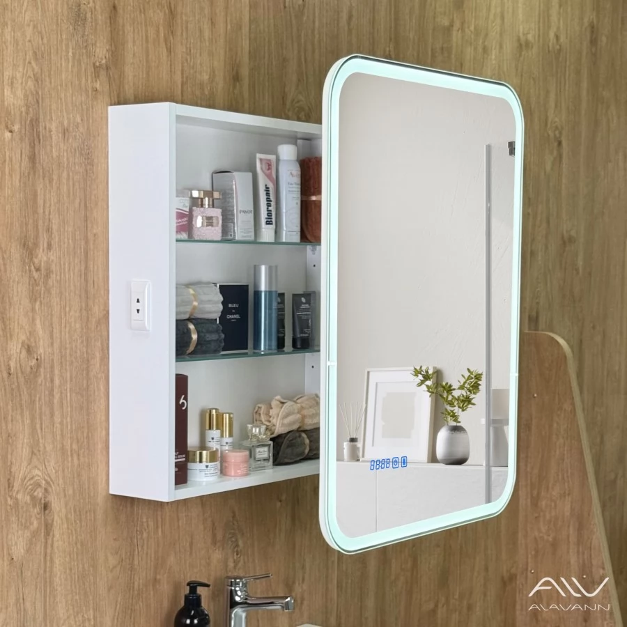 Зеркало-шкаф Alavann Cosmetic (Косметик) Лайт Плюс 60x80 с подсветкой и сменой цвета, часами и подогревом. Фото 2