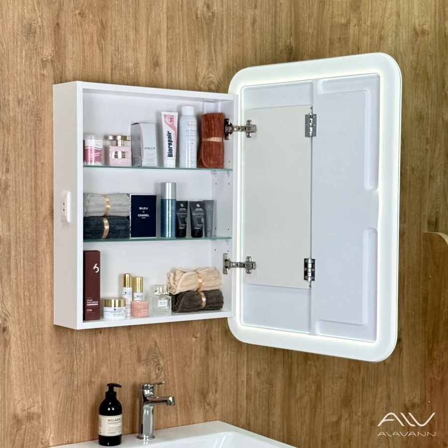 Зеркало-шкаф Alavann Cosmetic (Косметик) Лайт Плюс 60x80 с подсветкой и сменой цвета, часами и подогревом. Фото 4
