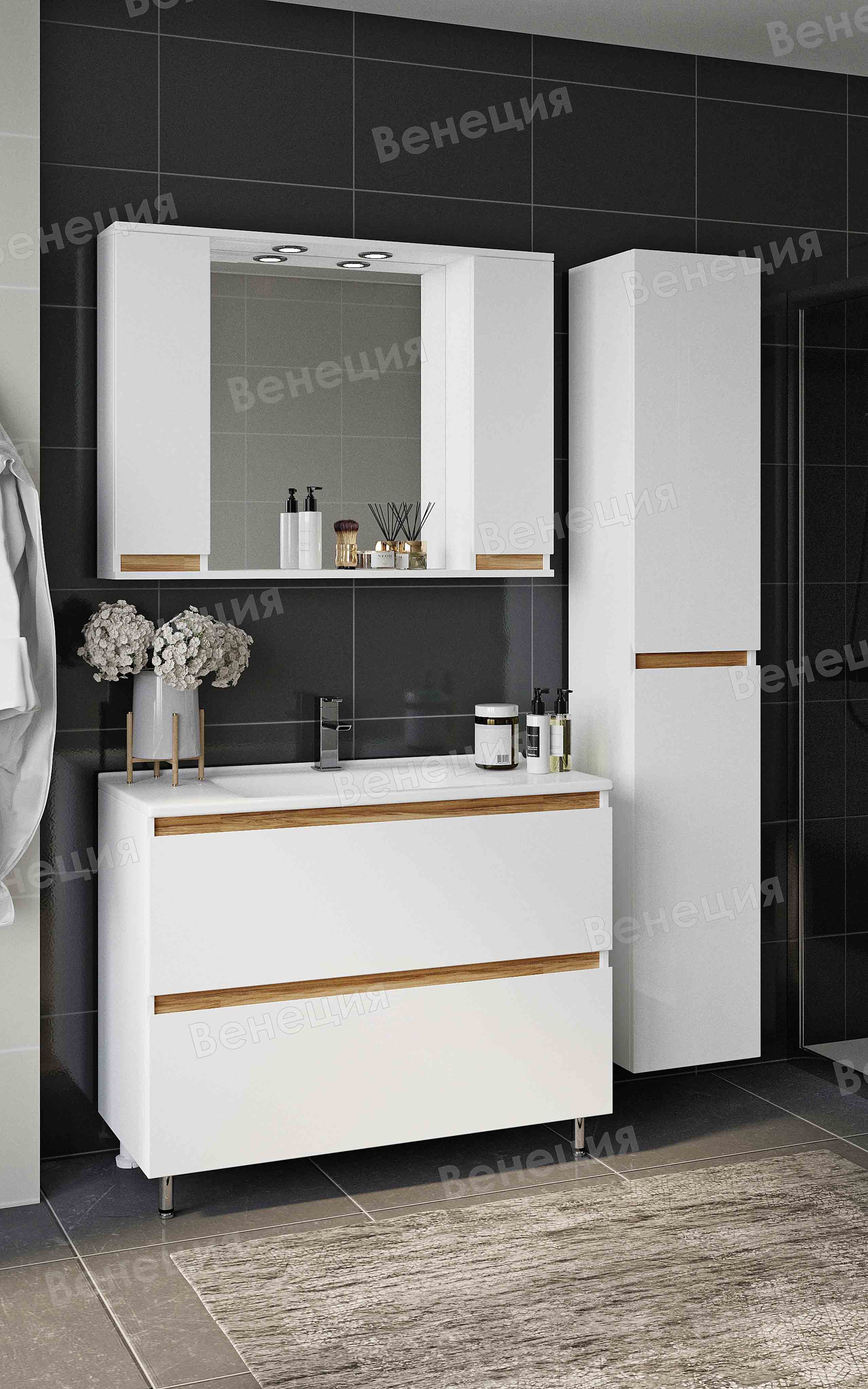 Комплект мебели Венеция Bianco 105 белый (зеркало с 2 шкафчиками)